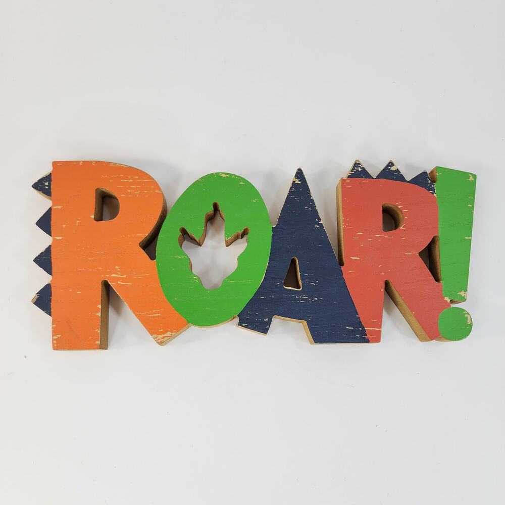 ROAR Dinosaur Wood Word Sign Multicolor Boys Kids Room Decor